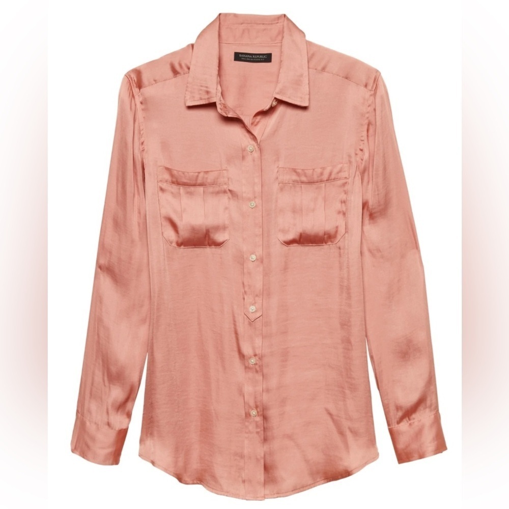 Banana Republic M Copper Satin Button-Up Shirt Rust Orange Salmon Dillon Classic